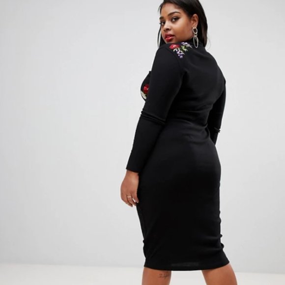 ASOS Design Curve Embroidered Rib Midi Bodycon - Picture 2 of 11